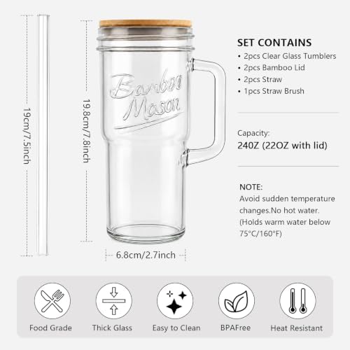 Glass Cups With Lids And Straws, Leakproof Tumbler 24oz Mason Jar Coffee Cup, Cap Cup Leak-Proof with Straw, Reusable Iced Coffee Smoothie Matcha Cup Aesthetic Coffee Gifts Women 2pc