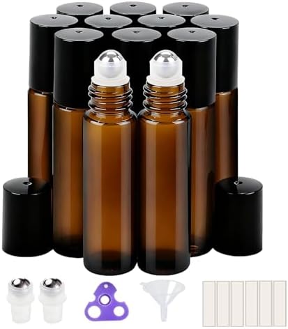 PrettyCare 12-Pack Amber Glass Roller Bottles for Essential Oil with Stainless Steel Roller Ball - 10 ml Refillable Leak-proof Empty Roll on Bottles with Caps for Perfume, DIY, Beauty & Personal Care by PrettyCare