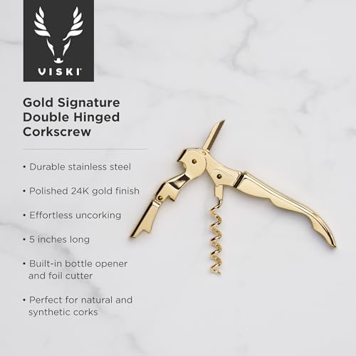 24k Gold Plated Signature Double Hinged Waiter's Corkscrew Wine Opener, Stainless Steel with Built-in Bottle Opener & Foil Cutter for Home Bar, Kitchen, Travel, Gifts for Wine Lovers, Set of 1