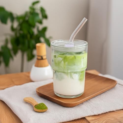 13oz Glass Tumbler with Straw and Lid, Leak Proof Iced Coffee Cup, Thick Wall BPA Free Drinking Glass Water Cups for Iced Coffee, Matcha, Smoothie and Travel-(Clear-2pack)
