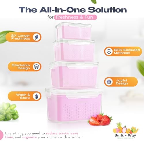 Fruit Storage Containers for Fridge - Set of 4 - Airtight Lid Keeps Fresh - For Fruit & Vegetable Storage - Space-Saving Design - Ideal for Produce, Berries, Snacks - Pink