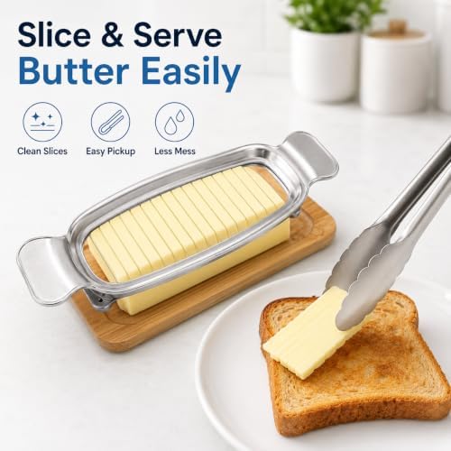 Butter Slicer Cutter with Serving Tongs, 304 Stainless Steel Butter and Cheese Cutter Wire Slicer Kitchen Gadget for Block Butter, Soft Cheese, Toast, Pancakes, Breakfast, Baking and Serving - Image 2