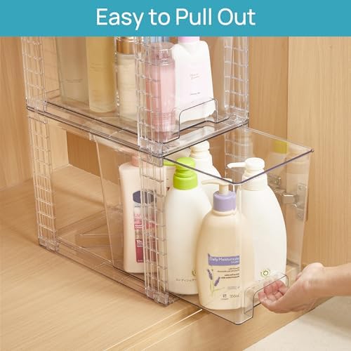 4 Pack Clear Stackable Storage Drawers,9.7" High Plastic Organizers Bins for Skincare, Bathroom Supplies,Ideal for Cabinet,Undersink,Vanity,Kitchen,Pantry Organization