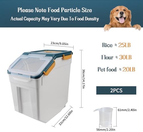 2 Pack Large Flour Storage Container 25 lb, Airtight Food Storage Bins with Wheels & Locking Lid, BPA Free Rice Grain Organizer with Measuring Cup, Flour Bin for Kitchen Pantry (Blue)