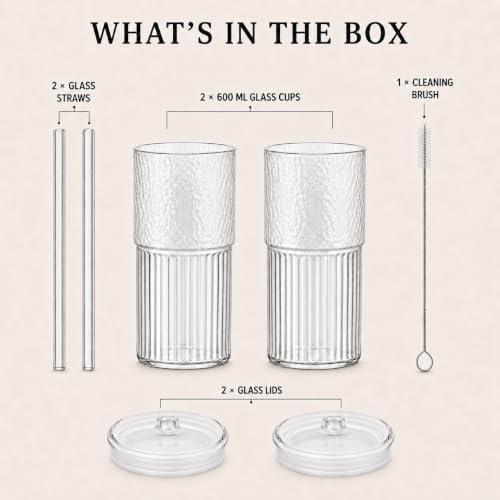 20 oz Glass Cups with Lids and Straws Set of 2, Ribbed Glass Coffee Cups for Iced Coffee, Matcha, Cold Brew, Smoothie, Boba, Reusable Clear Glass Tumbler with Cleaning Brush