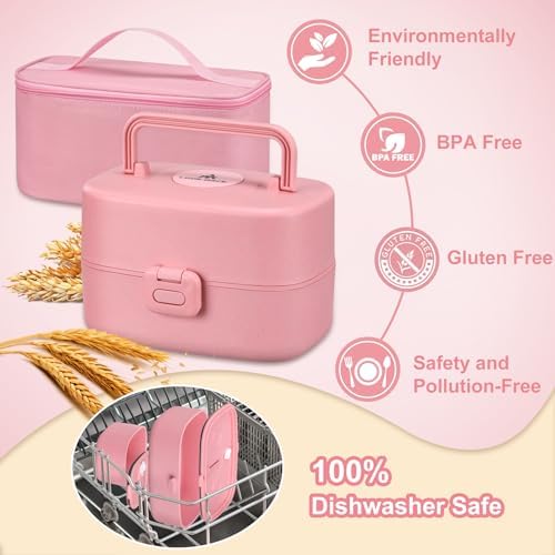 Bento Lunch Box with 8oz Soup Thermo, Kids Sustainable Bento Box Leakproof Lunch Food Containers with Lunch Bag, Kids Thermo Insulated Hot Food Jar for School, Trvael (Pink)