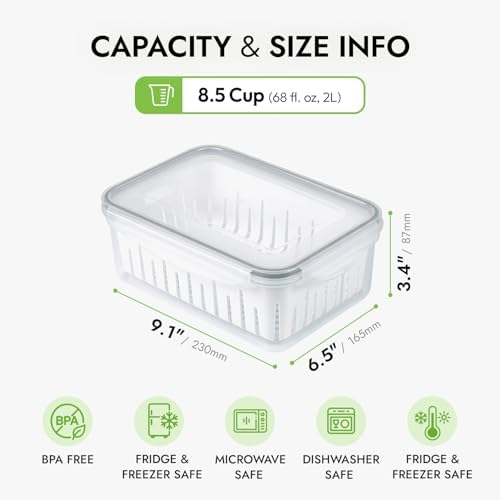 8.5 Cup Produce Saver Container for Fridge with Colander - 2.0L