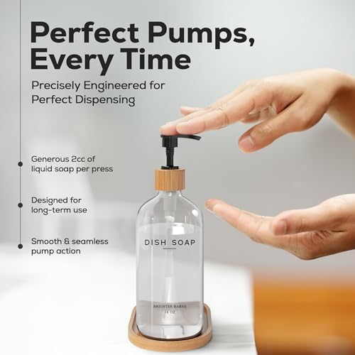 Clear Glass Dish Soap Dispenser - Kitchen Sink Set With Bamboo Tray - Modern Decor and Accessories, Minimalist Neutral Home (Clear)