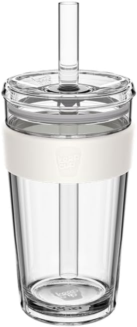 Cold Cup Iced Coffee Tumbler, 16 oz Tempered Glass Cup with Removable Tritan Sleeve - Lid and Reusable Straw, Boba and Smoothie Cup, Chalk