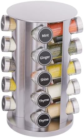 Revolving Spice Rack Set with 20 Spice Jars, Kitchen Spice Tower Organizer for Countertop or Cabinet - Carousel Storage Includes 386 Spice Labels (Silver)