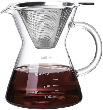 Pour Over Coffee Maker with Reusable Stainless Steel Drip Filter, Glass Drip Coffee Maker Set, Lead-Free Borosilicate Glass Coffee Carafe for 1-2Cup, Clear (400ml/13.5oz)