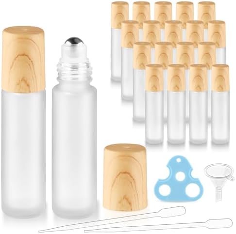 20 Pack 10ml White Frosted Glass Roller Bottles with Wood Grain Caps Roll-On Containers for Skincare and Liquid Blends by BOSMIOW