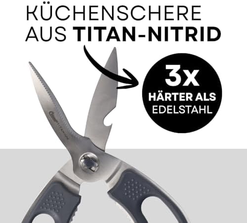 Kitchen Scissors Titanium Nitride Coated Grey | Soft Grip Household Scissors with Micro-Serrated Blades | Extra Hard & Removable Blades | Poultry Scissors, Herb Scissors, Pizza Scissors | CL