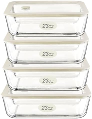 Glass Food Container Set with Glass Lid, 4 Pack, Food Storage Containers Set, Airtight, LeakProof, 100% Plastic Free, Meal Prep Containers (White Color)