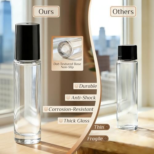 PrettyCare 4 Pack, 10 ml Essential Oil Roller Bottles with Stainless Steel Roller Ball - Refillable Leak-proof Empty Thick Clear Glass Roll on Bottles with Black Caps for Travel, Perfume - Image 6