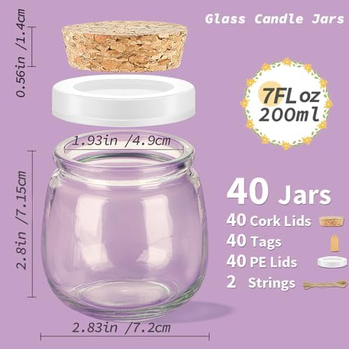 40 Pack 7oz Small Glass Jars with Cork Lids,Mason Jars