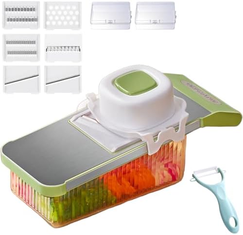 Multifunctional Vegetable Cutter, 6 Blade Vegetable Chopper, food chopper with container for Potato Strips, Onion Cubers, Carrot Sticks, Dicer, Slicer, Cutter, Julience, Cheese Grater (Green-D) by tarcegta