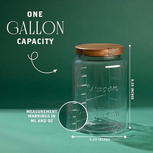Extra Large Mason Jar - 1 Gallon Glass Wide Mouth Jar with Airtight Wooden Lid, Food Storage Container with Measurement Markings For Kitchen Pantry, Pickling, Cookies, Flour & Sugar