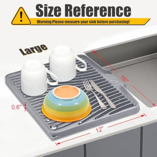 Silicone Dish Drying Mat for Kitchen Counter, Grey-1pcs, 16" x 12"