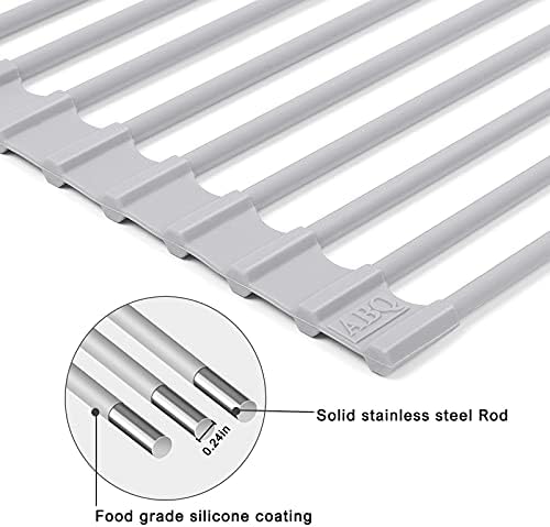 Roll Up Dish Drying Rack Over Sink, 17.5" x 13" Silicone Coated Stainless Steel Sink Drying Rack, Foldable Dish Drainer Rack for Kitchen Counter, Heat Resistant, Non-Slip, Space Saving, Gray