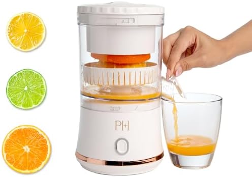 Paris Hilton Electric Citrus Juicer, Mini Portable Cordless Juicer with USB Rechargeable Base, One-Touch Button, Compact Lemon, Lime and Orange Juicer, White by TheWorldofParisHilton