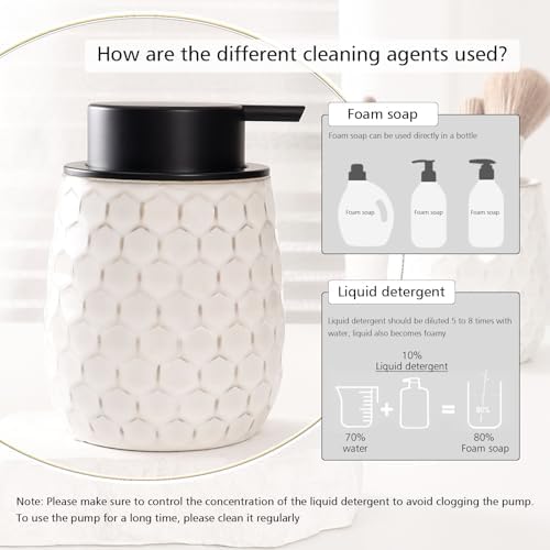 Foaming Soap Dispenser, 12OZ Ceramic Foam White Hand Soap Dispenser with Honeycomb Design for Kitchen or Bathroom, Refillable Dish Lotion Dispenser