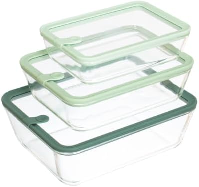 Glass Food Storage Containers, Set of 3 - Airtight Vacuum Sealed Steam Vent Lids - Rectangular Borosilicate Glass Dishes with Ombre Green Lids - Assorted Sizes for Meal Prep & Leftovers, Sage