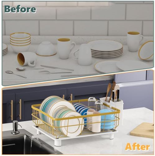 Metal Dish Drying Rack Automatic Drainage, Gold, Large