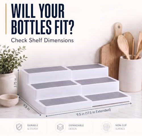 Plastic 3-Tier Expandable Spice Rack, Adjustable Length, Stability with Non-Skid Shelf, For Easy Visibility, Organizer for Kitchen Cabinet, Pantry or Countertop, (2-Pack), White/Grey