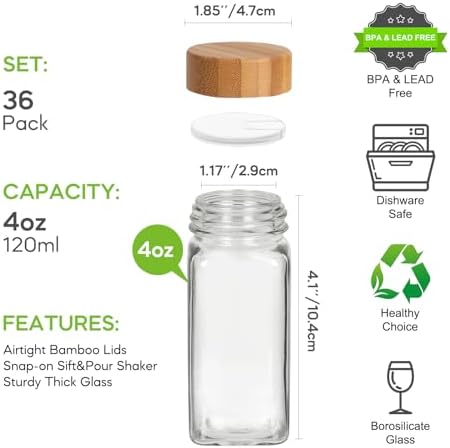 4oz Glass Spice Jars with Bamboo Lids, 36 Pack Square Seasoning Containers