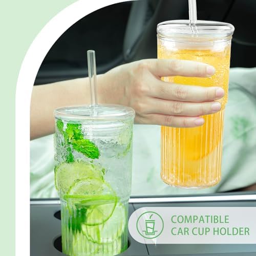 20 oz Glass Cups with Lids and Straws Set of 2, Ribbed Glass Coffee Cups for Iced Coffee, Matcha, Cold Brew, Smoothie, Boba, Reusable Clear Glass Tumbler with Cleaning Brush