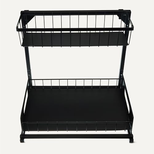 L-Shape Under Sink Storage Pull Out Cabinet Organizer, Space-Saving Design, Durable and Rust-Resistant, Black, Pack of 2