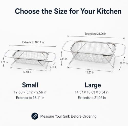 Expandable Over the Sink Colander, 14.6 x 10.6 Inch Stainless Steel Mesh Strainer Basket with Extendable Handles and Folding Feet for Washing Fruit, Vegetables and Draining Dishes, Large