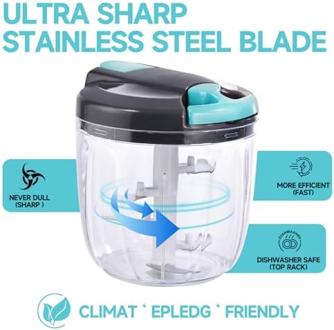 Manual Food Processor Vegetable Chopper, Portable Hand Pull String Garlic Mincer Onion Cutter for Veggies, Ginger, Fruits, Nuts, Herbs, etc., （900ml,Gray-blue）