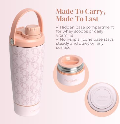 Elanelle 20oz Insulated Stainless Steel Shaker Bottle with Storage Base, Strainer Lid Protein Shaker Cup for Gym, Ball-Free Quiet Mixing, Carry Handle, BPA-Free, Pink (Peachy Floral) - Image 3