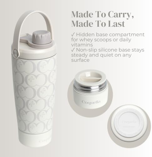 Elanelle 20oz Insulated Stainless Steel Shaker Bottle with Storage Base, Strainer Lid Protein Shaker Cup for Gym, Ball-Free Quiet Mixing, Carry Handle, BPA-Free, Gray (C' Gray) - Image 3