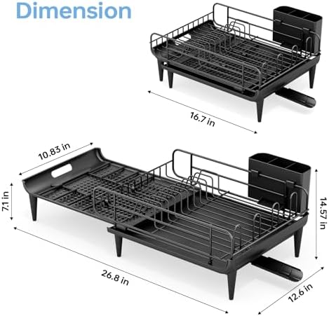 Large Expandable Dish Drying Rack for Kitchen Counter, Black