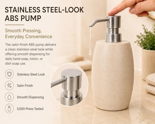 Sandstone Textured Resin Soap Dispenser with Metallic Pump and Waterproof Bottle Labels for Bathroom Kitchen Dish Hand Wash Shower Lotion Shampoo, 12 Oz, 2 Sets Beige