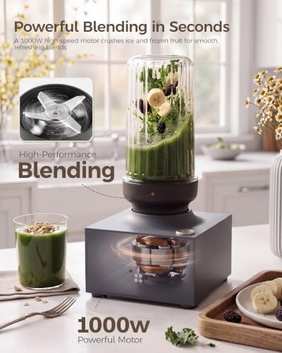 iCucina Cubetto 1000W Compact Personal Blender & Aromatics Tool – Minimalist Mixer for Frozen Drinks, Smoothies and Shakes, with To-Go Cups & Airtight Spice Storage, BPA-Free, Space Grey - Image 2
