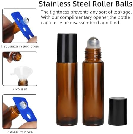 24 pcs 10ml Amber Glass Roller Bottles with Steel Balls and Black Caps - Image 3