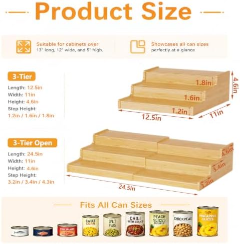 Expandable Bamboo Can Rack Organizer for Pantry, 3-Tier Can Storage Holder
