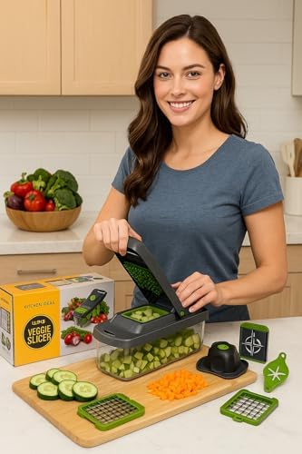 14-in-1 Vegetable Chopper with Container – Professional Onion Chopper, Food Chopper & Mandoline Slicer with 14 Blades – Veggie Dicer, Grater, Cutter for Salad, Potato, Carrot & Meal Prep (Green) - Image 2