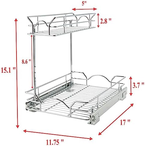 Under Sink Cabinet Organizer Two Tier Pull Out Shelf (11.75W x 17D), Under Sink Sliding Shelf for Kitchen Bathroom Cabinet 2 Tier Chrome