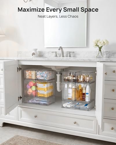 Clear Stackable Storage Drawers Set of 5, Plastic Organizer Bins