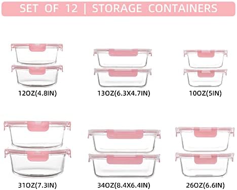 12 Pack Glass Storage Containers with Lids, Leak-Proof Meal Prep Containers, Dishwasher/Microwave/Oven/Freezer Safe Glass Food Storage Containers for Leftovers, to Go