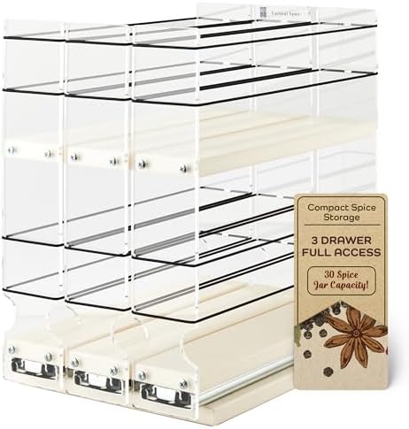 Cabinet Mounted Spice Rack Drawer - Pull Out Cabinet Organizer - Cupboard Organizers & Storage - Pantry Shelves - 30 Reg. Jars, 3 Drawers, 2 Tiers (6.9" W x 10.75" H x 10.6" D, Cream)