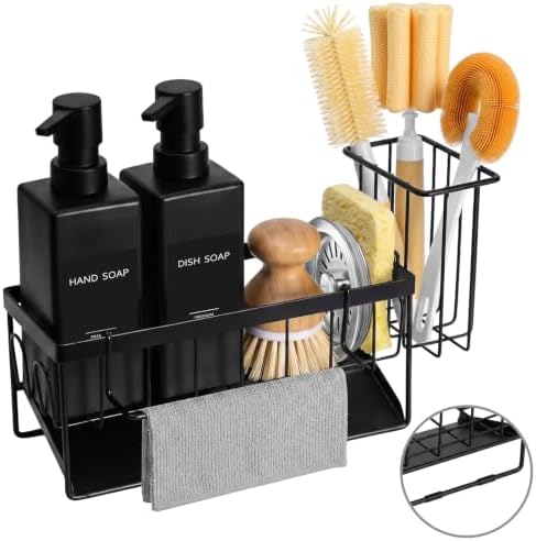 Dish Soap Dispenser, 12 fl oz / 350 ml Dual Kitchen Soap Dispensers with Sponge Holder, Customized Matte Black Kitchen Soap Dispenser Set, Modern Hand and Dish Soap Bottle Set Removable