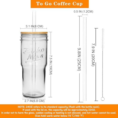 Glass Cups With Lids And Straws, Leakproof Tumbler 24oz Mason Jar Coffee Cup, Cap Cup Leak-Proof with Straw, Reusable Iced Coffee Smoothie Matcha Cup Aesthetic Coffee Gifts Women 4pc