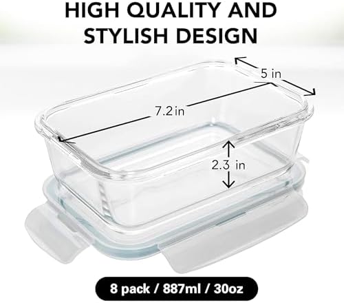 16 Pc (Set of 8) 30 Oz Glass Meal Prep Containers with Lids, Airtight Large Glass Food Storage Containers, Reusable Leak Proof BPA Free, Freezer to Oven and Dishwasher Safe