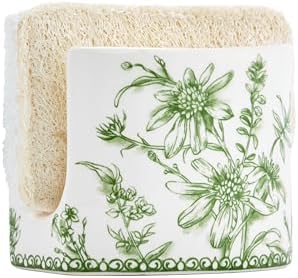 Green Garden Toile De Jouy Ceramic Kitchen Sponge Holder for Countertop Sink, Sponge Caddy, Decorative Dish Sponge and Scrubber Rack
